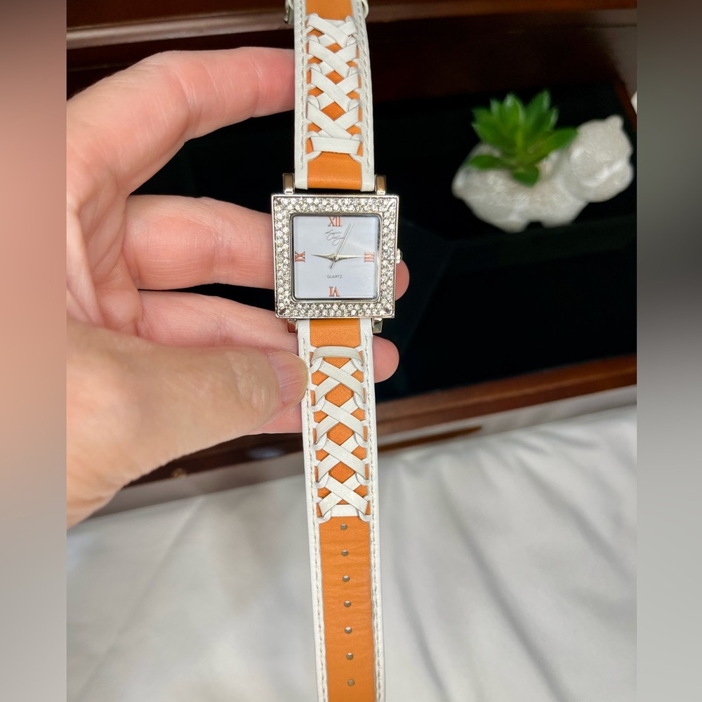 Rare Vintage Leather & Crystal Wristwatch | Suzanne Somers | Orange & White